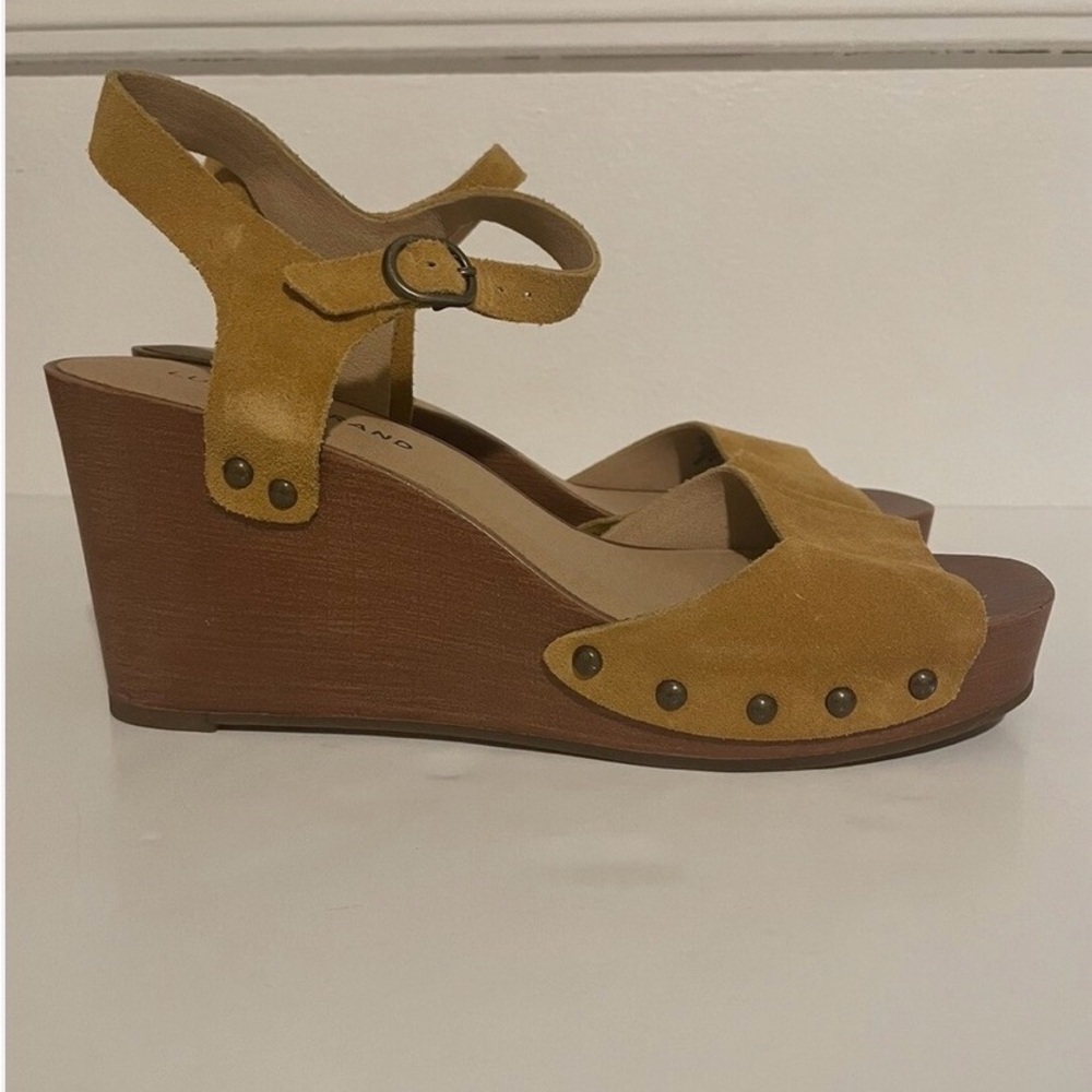 Lucky Brand Mustard Suede Wedge Sandals with Ankle Strap